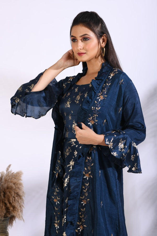 Morchari Long Gown With Jacket With Hand Embroidery - Blue