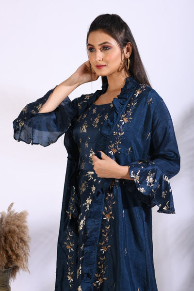 Morchari Long Gown With Jacket With Hand Embroidery - Blue