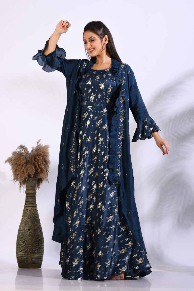 Morchari Long Gown With Jacket With Hand Embroidery - Blue