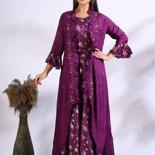 Morchari Long Gown With Jacket With Hand Embroidery - Purple - Distacart