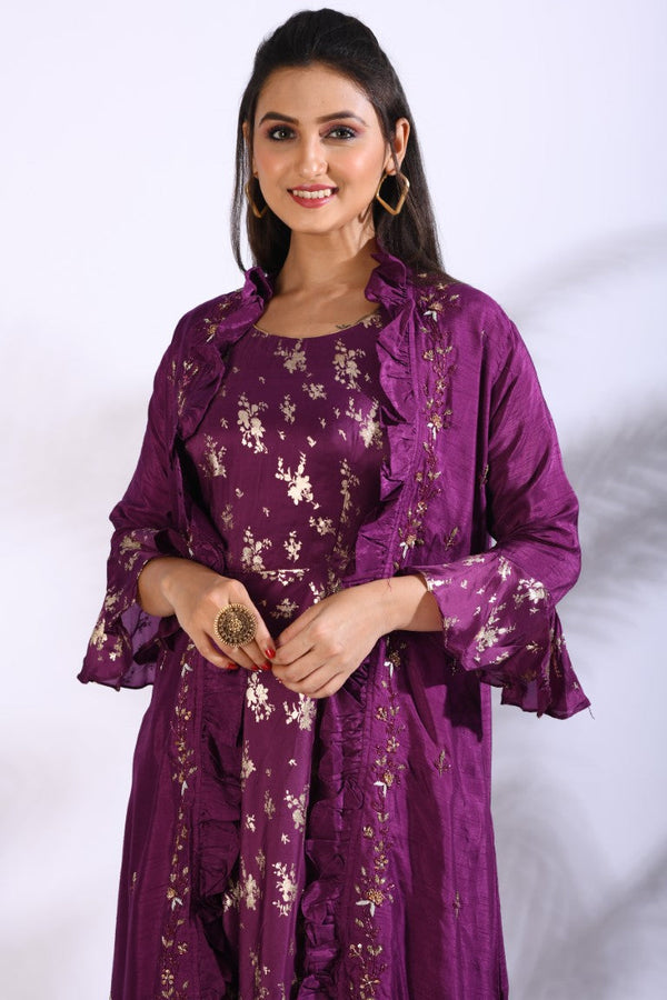 Morchari Long Gown With Jacket With Hand Embroidery - Purple