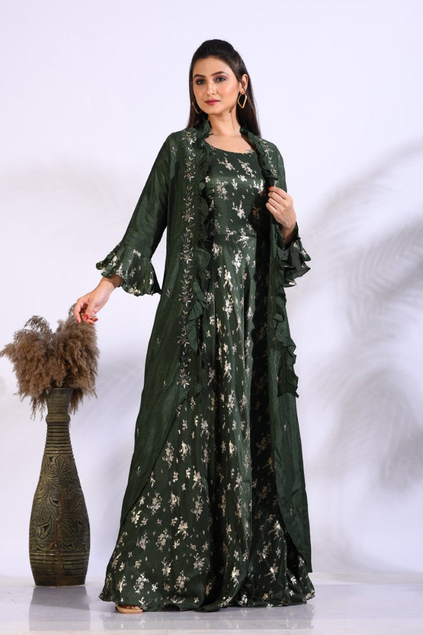 Morchari Long Gown With Jacket With Hand Embroidery - Green