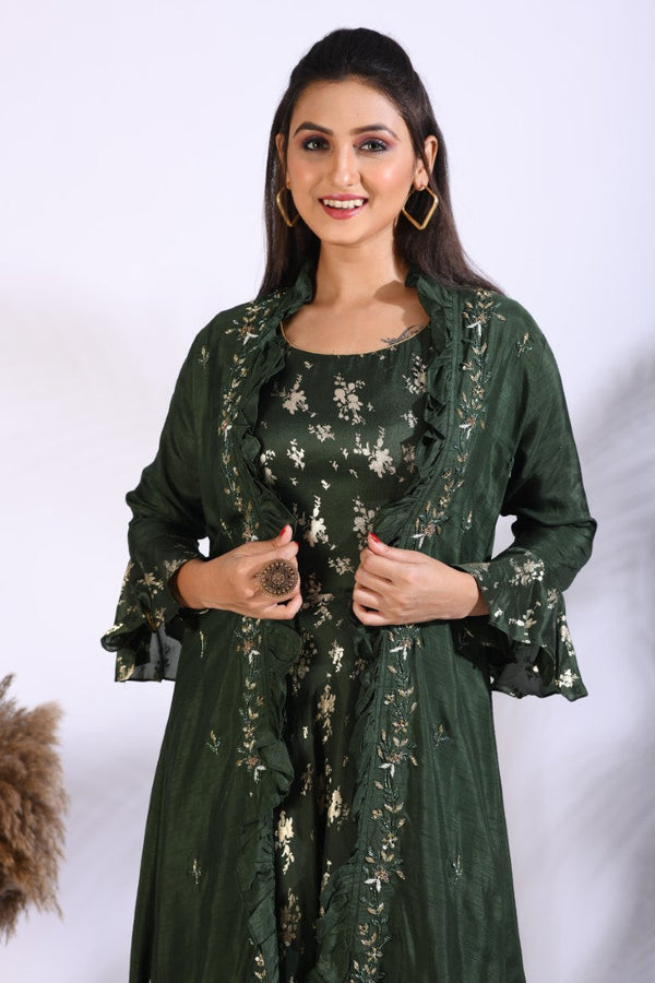 Morchari Long Gown With Jacket With Hand Embroidery - Green