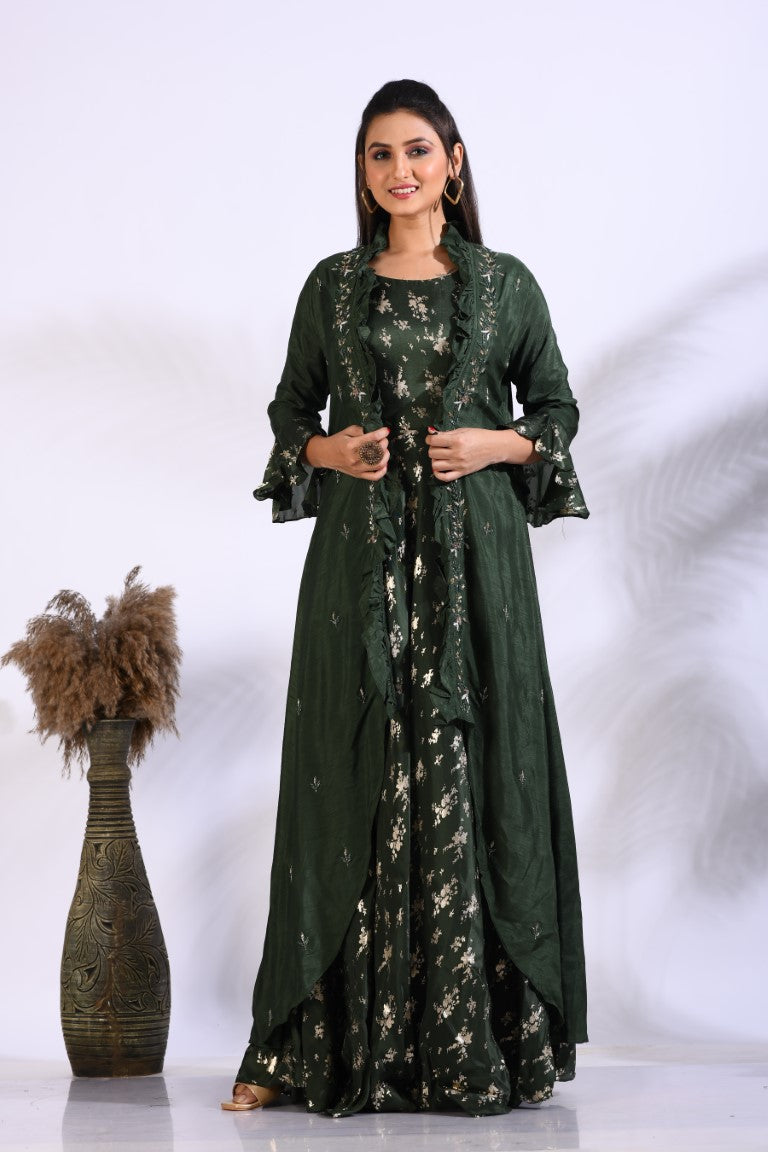 Morchari Long Gown With Jacket With Hand Embroidery - Green