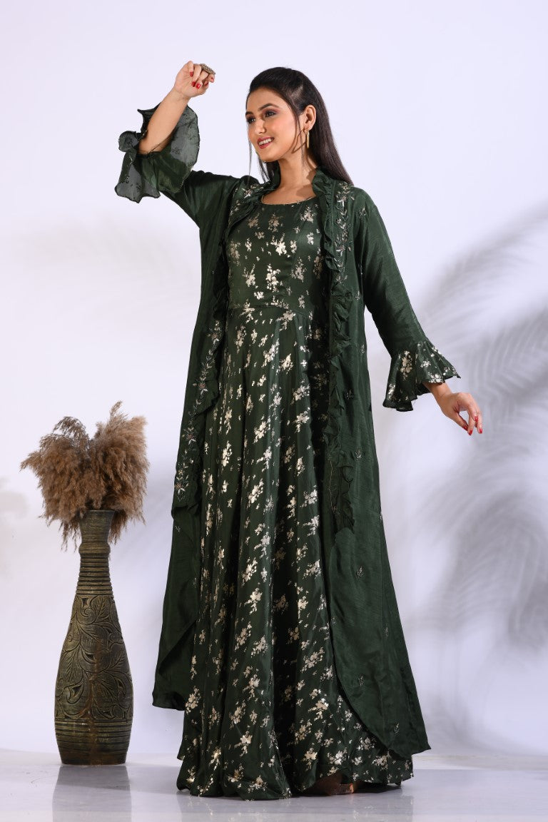 Morchari Long Gown With Jacket With Hand Embroidery - Green