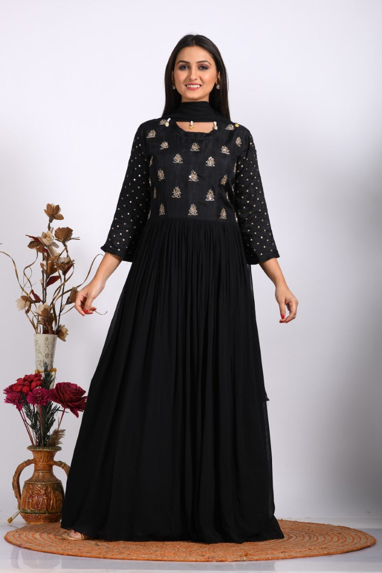 Morchari Long Gown With Dupatta & Hand Embroidery - Black - Distacart