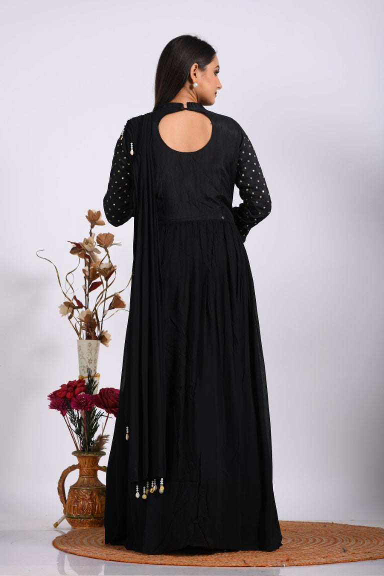 Morchari Long Gown With Dupatta & Hand Embroidery - Black