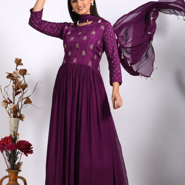 Morchari Long Gown With Dupatta & Hand Embroidery - Purple - Distacart