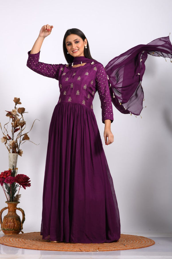 Morchari Long Gown With Dupatta & Hand Embroidery - Purple