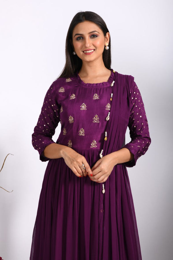 Morchari Long Gown With Dupatta & Hand Embroidery - Purple