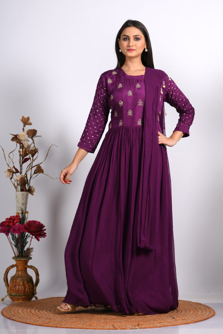 Morchari Long Gown With Dupatta & Hand Embroidery - Purple