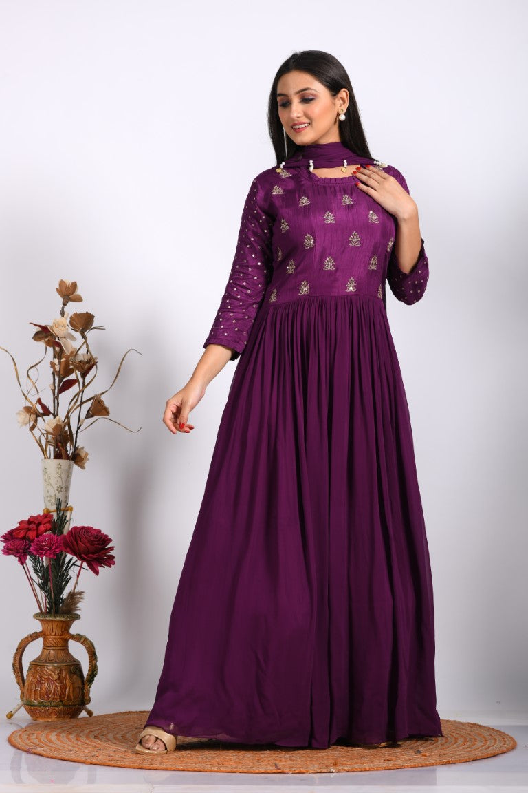 Morchari Long Gown With Dupatta & Hand Embroidery - Purple