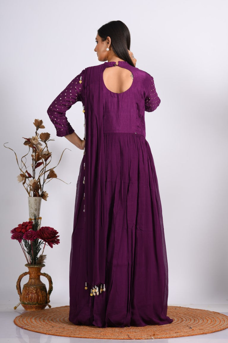 Morchari Long Gown With Dupatta & Hand Embroidery - Purple