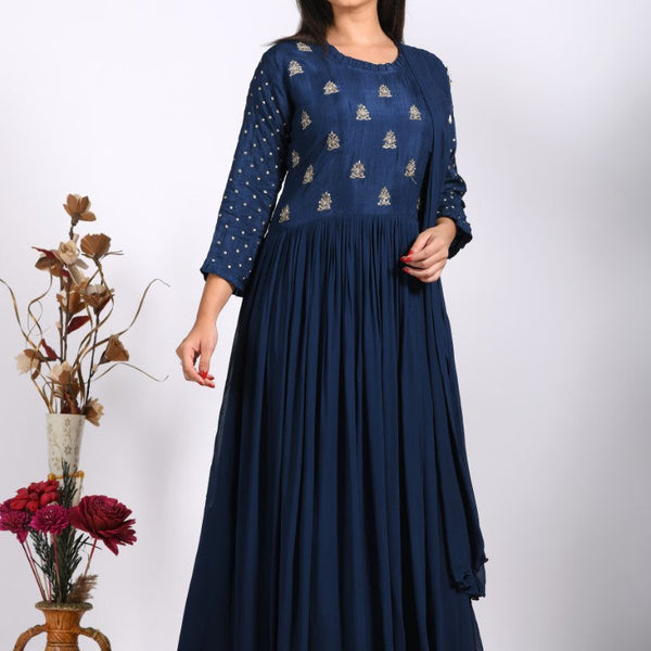 Morchari Long Gown With Dupatta & Hand Embroidery - Blue - Distacart