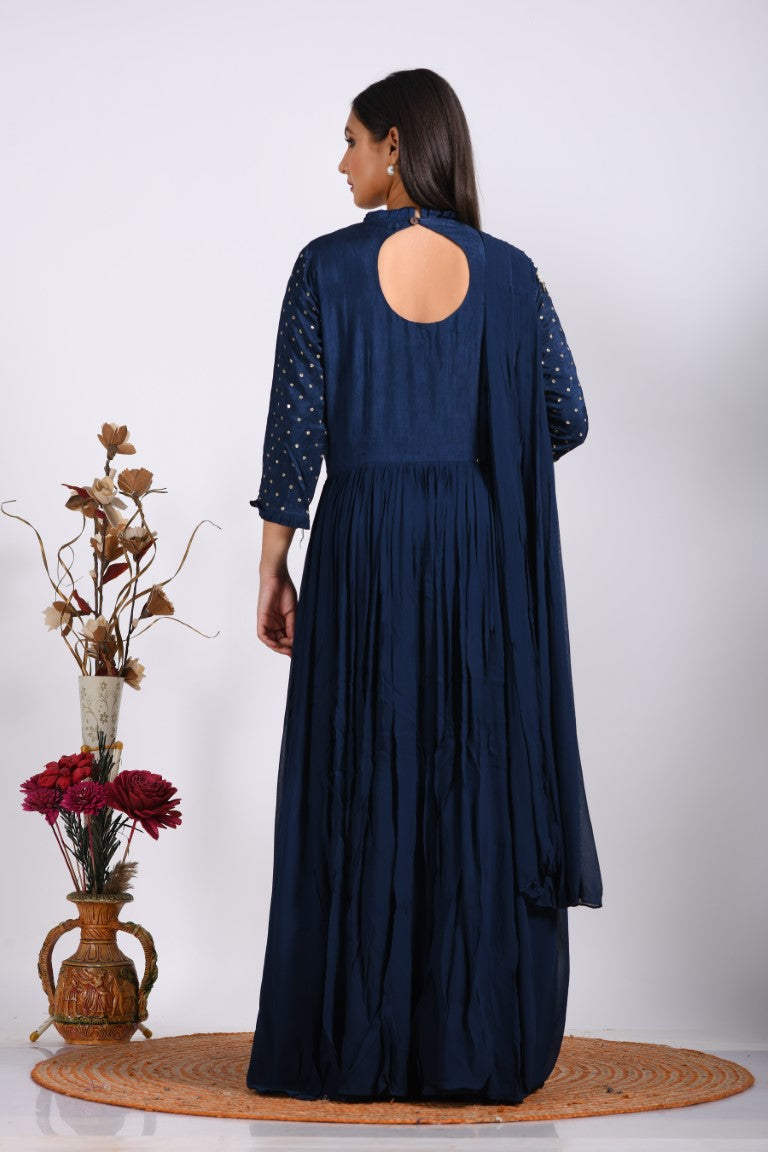 Morchari Long Gown With Dupatta & Hand Embroidery - Blue