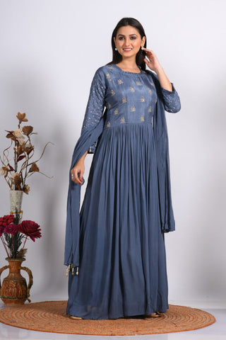 Morchari Long Gown With Dupatta & Hand Embroidery - Grey - Distacart