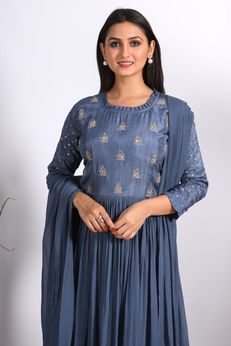 Morchari Long Gown With Dupatta & Hand Embroidery - Grey - Distacart