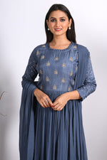 Thumbnail for Morchari Long Gown With Dupatta & Hand Embroidery - Grey