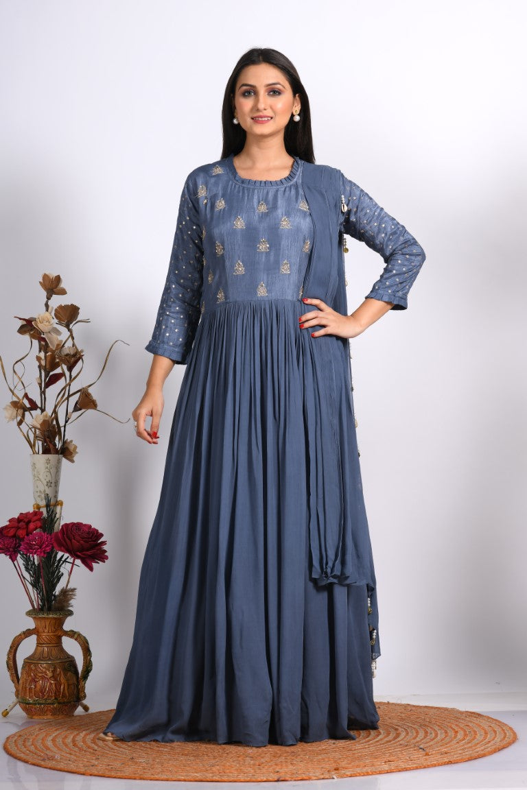 Morchari Long Gown With Dupatta & Hand Embroidery - Grey