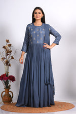 Thumbnail for Morchari Long Gown With Dupatta & Hand Embroidery - Grey