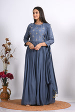 Thumbnail for Morchari Long Gown With Dupatta & Hand Embroidery - Grey