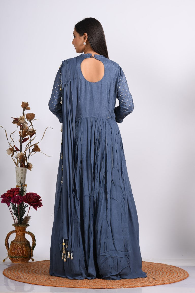 Morchari Long Gown With Dupatta & Hand Embroidery - Grey