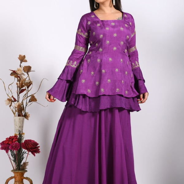 Morchari Long Jacket With Skirt & Hand Embroidery - Purple - Distacart