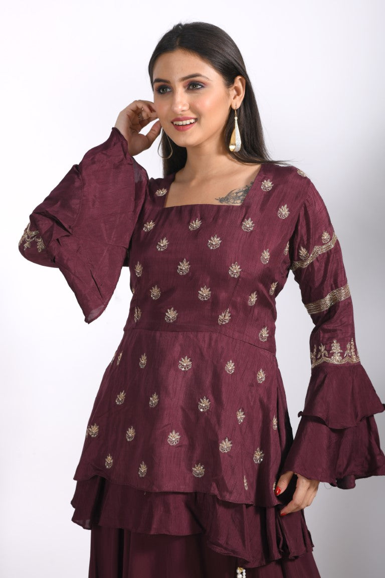 Morchari Long Jacket With Skirt & Hand Embroidery - Maroon - Distacart
