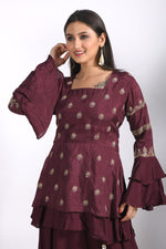 Thumbnail for Morchari Long Jacket With Skirt & Hand Embroidery - Maroon