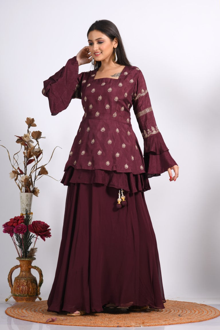 Morchari Long Jacket With Skirt & Hand Embroidery - Maroon