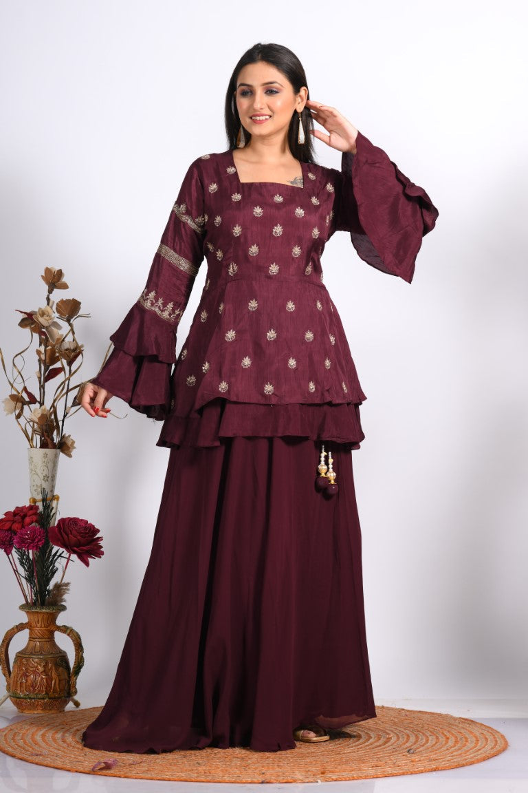Morchari Long Jacket With Skirt & Hand Embroidery - Maroon