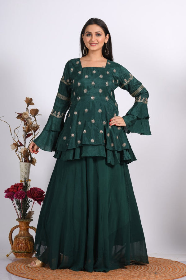 Morchari Long Jacket With Skirt & Hand Embroidery - Green
