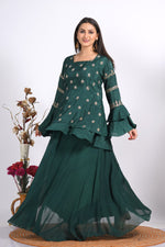Thumbnail for Morchari Long Jacket With Skirt & Hand Embroidery - Green