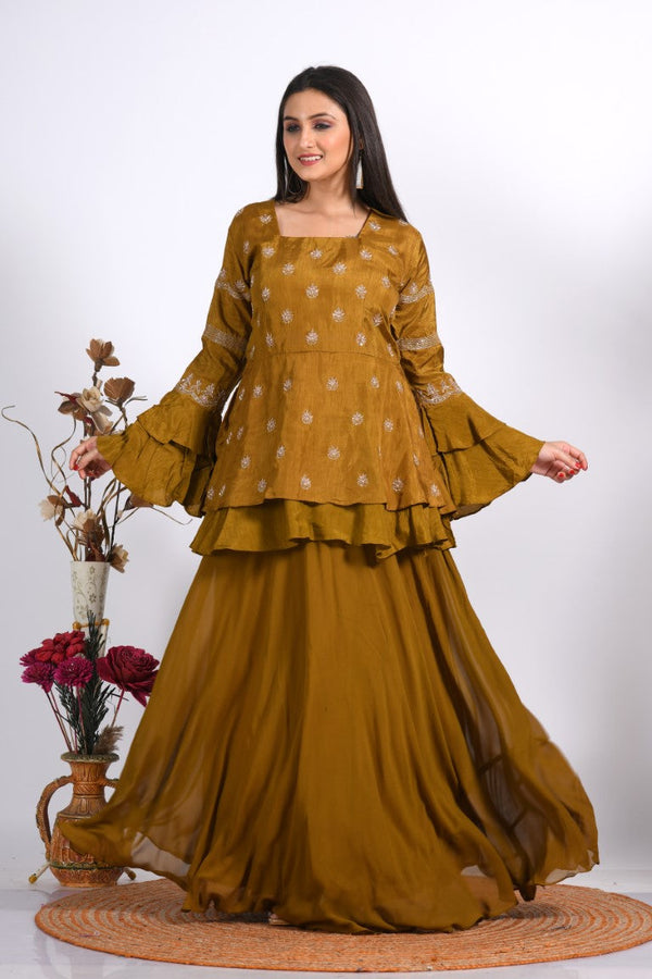 Morchari Long Jacket With Skirt & Hand Embroidery - Mehadi