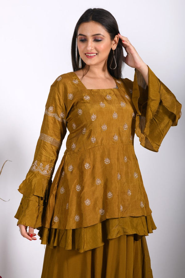 Morchari Long Jacket With Skirt & Hand Embroidery - Mehadi