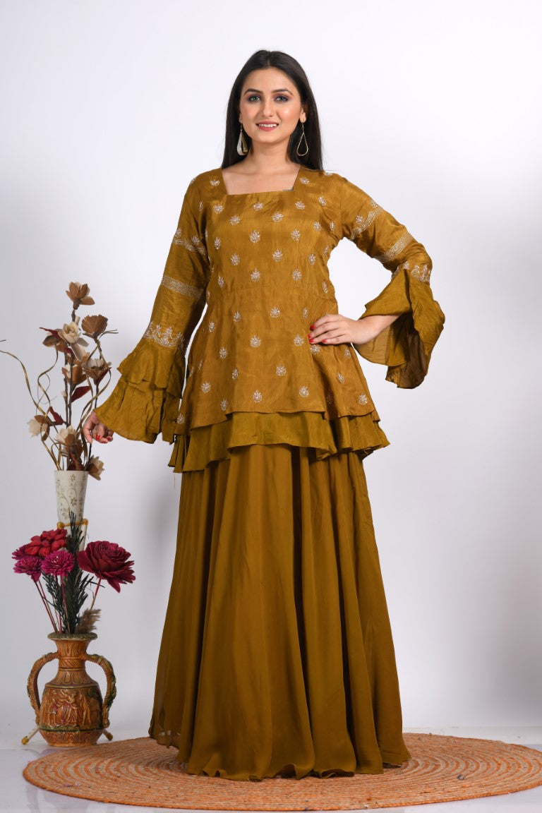 Morchari Long Jacket With Skirt & Hand Embroidery - Mehadi