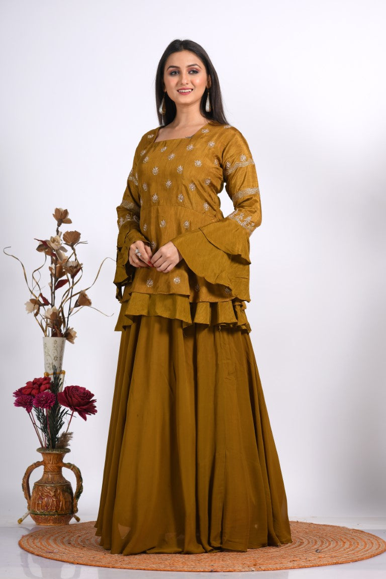 Morchari Long Jacket With Skirt & Hand Embroidery - Mehadi