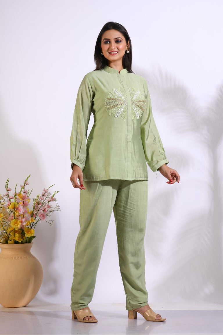 Morchari Co Ord Set With Hand Embroidery - Green - Distacart