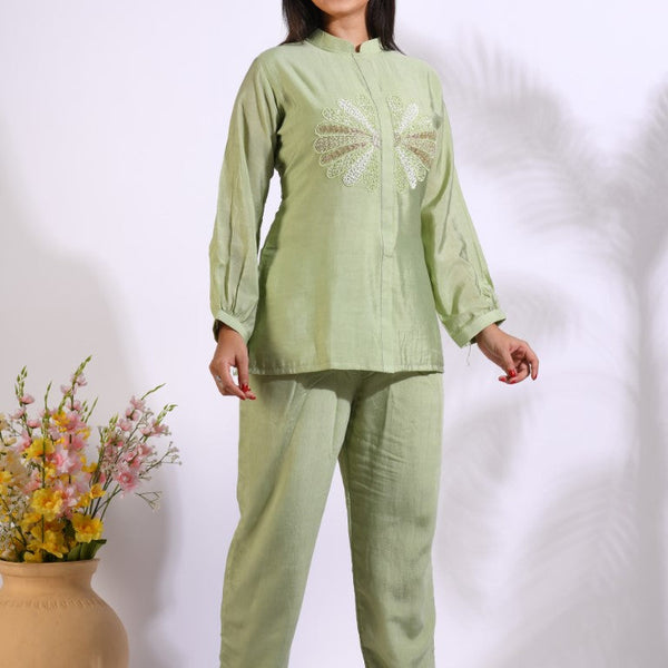 Morchari Co Ord Set With Hand Embroidery - Green - Distacart