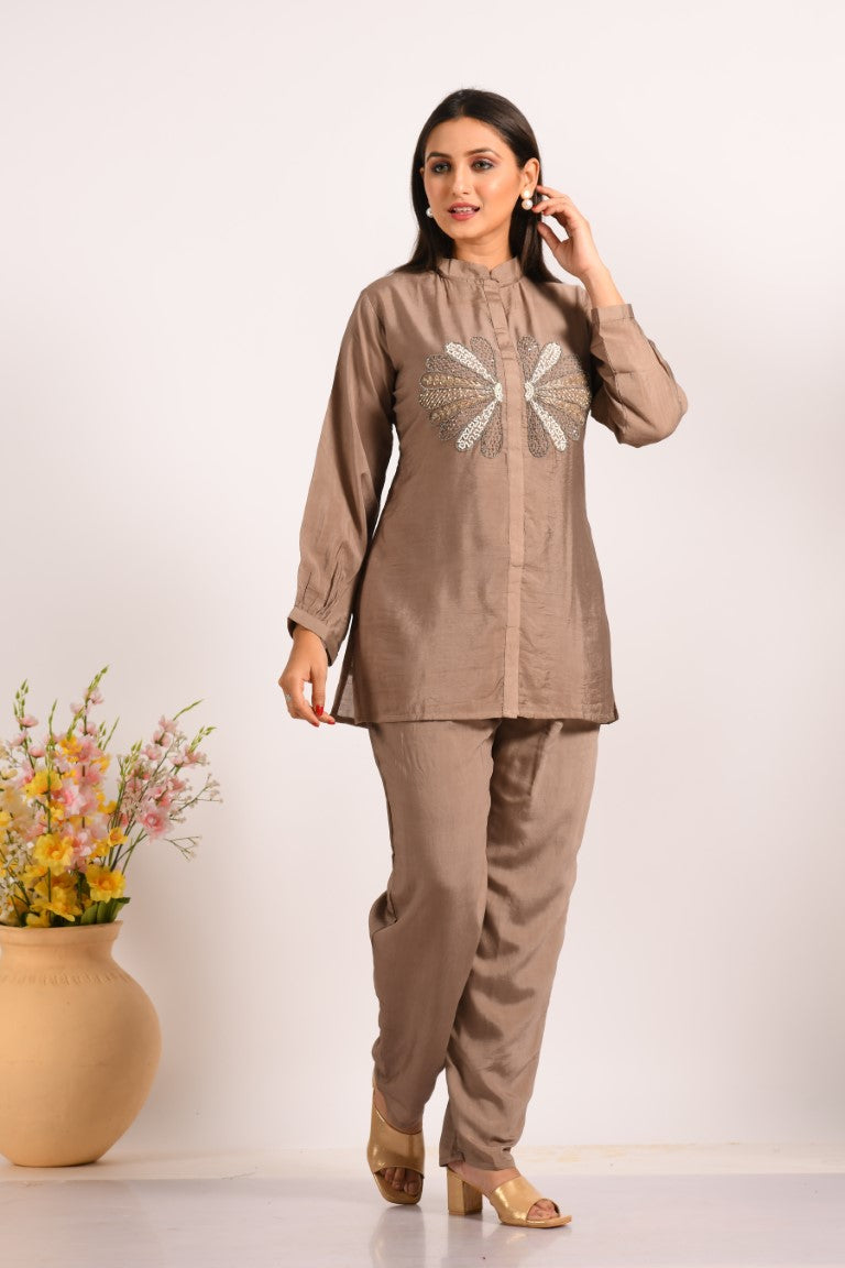 Morchari Co Ord Set With Hand Embroidery - Brown - Distacart