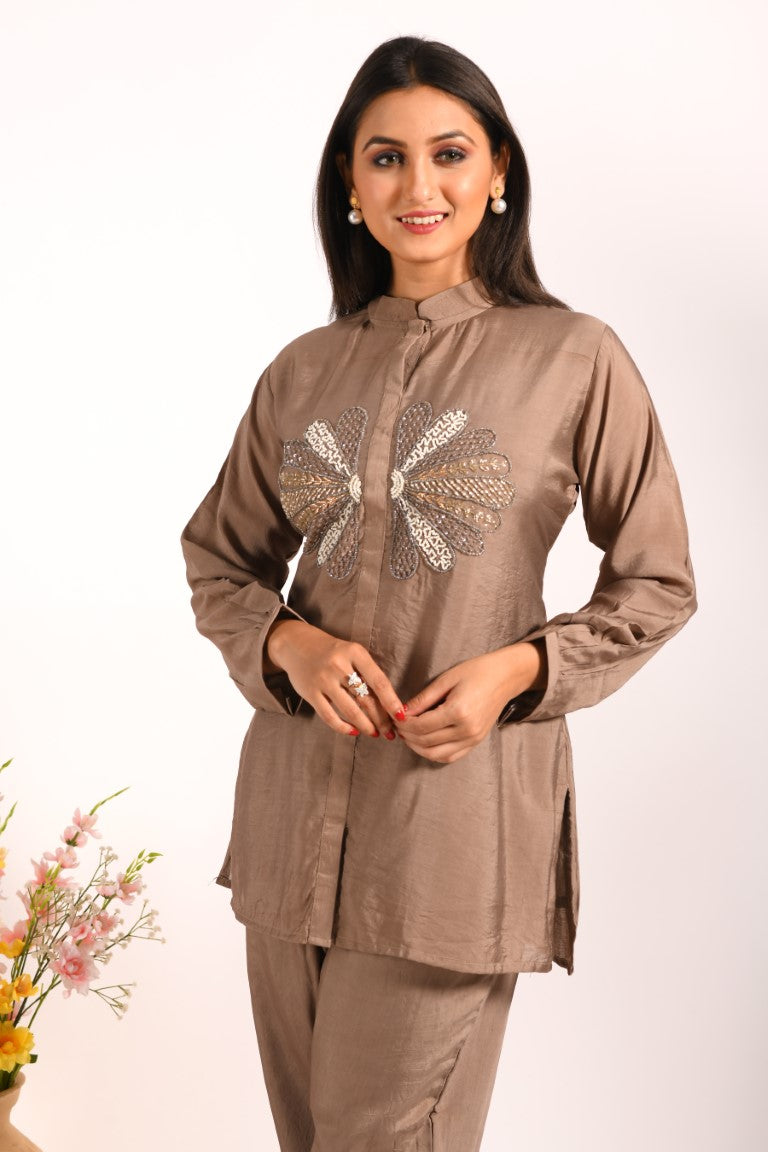 Morchari Co Ord Set With Hand Embroidery - Brown - Distacart