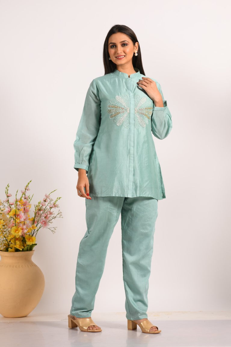 Morchari Co Ord Set With Hand Embroidery - Sky Blue - Distacart