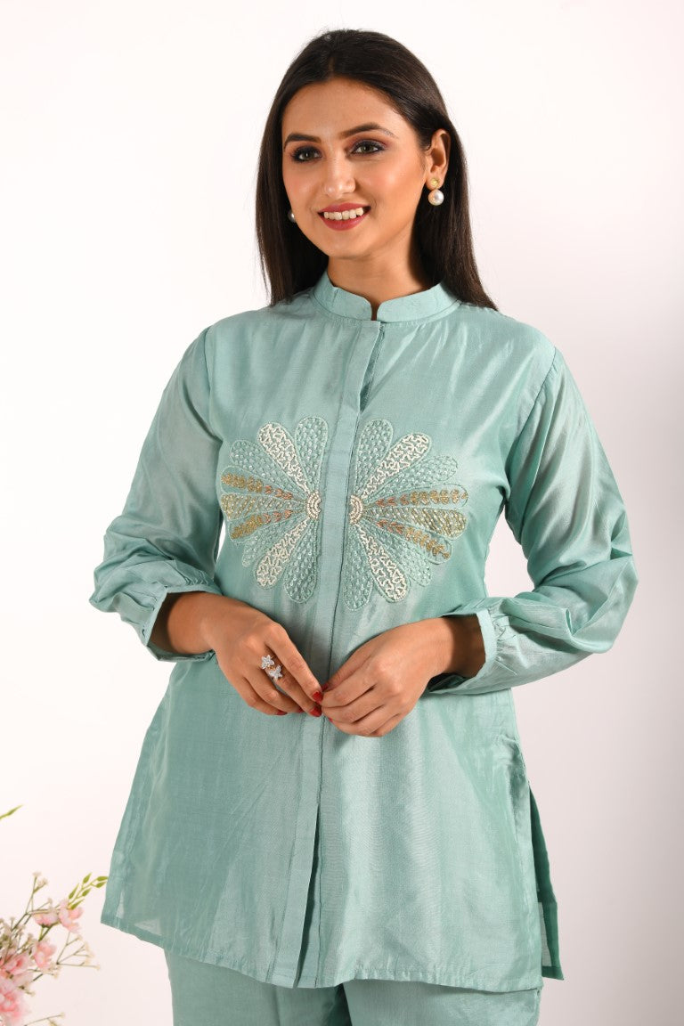 Morchari Co Ord Set With Hand Embroidery - Sky Blue - Distacart
