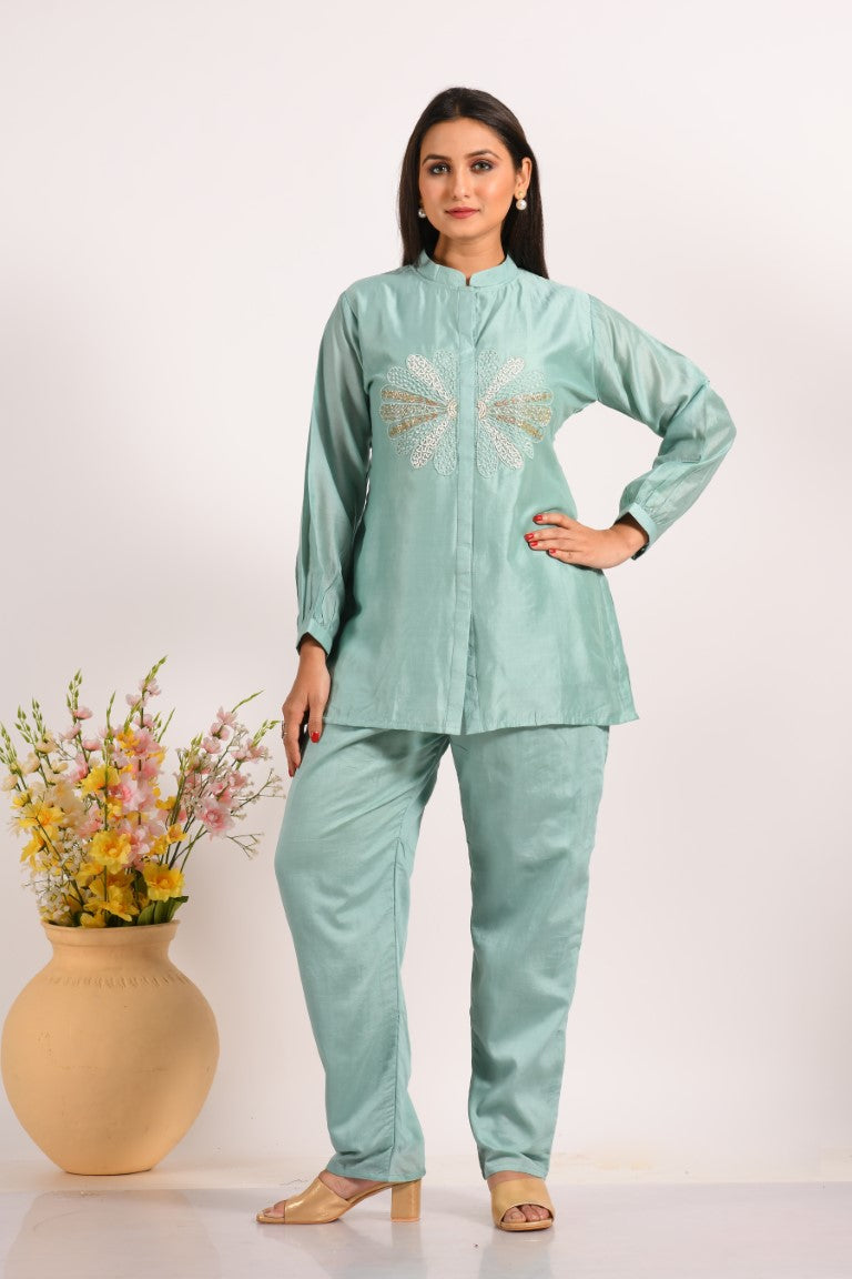 Morchari Co Ord Set With Hand Embroidery - Sky Blue - Distacart