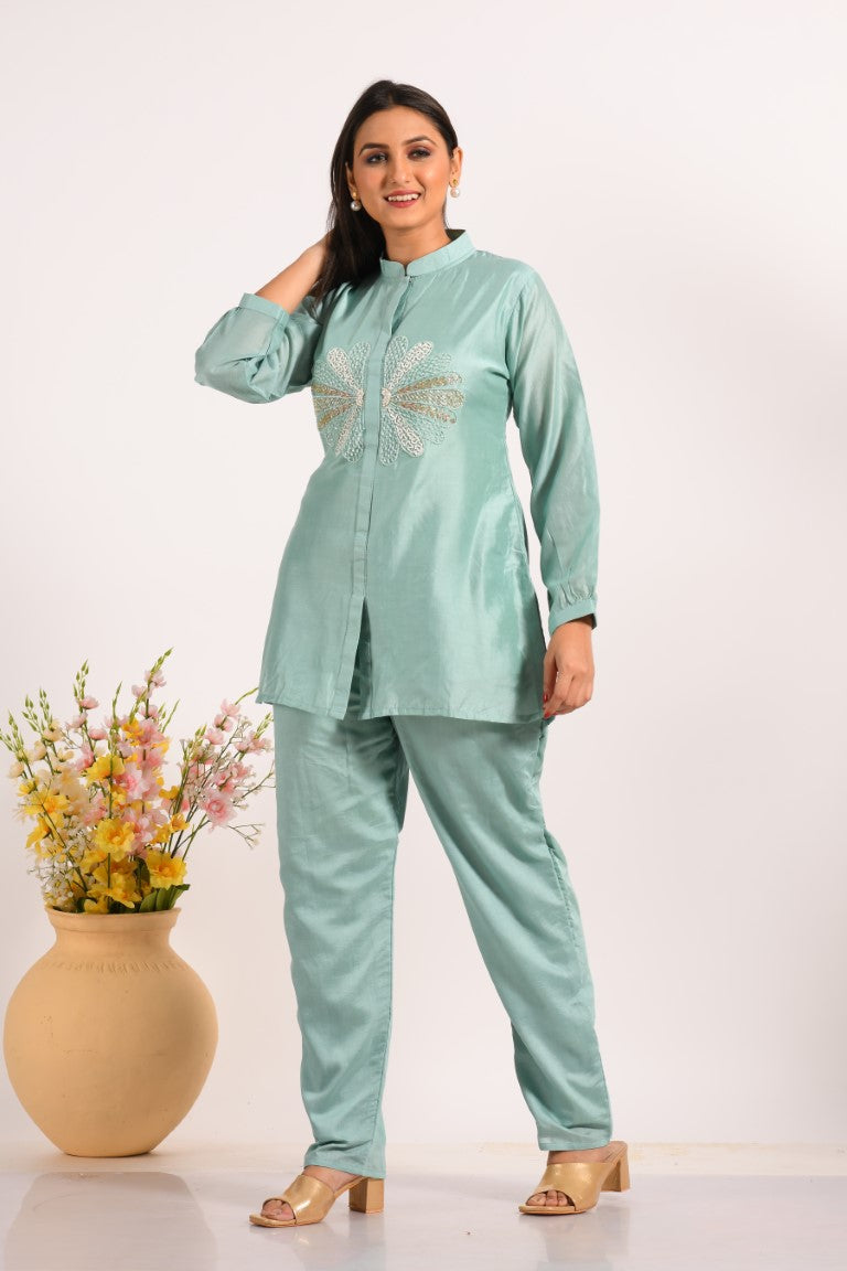 Morchari Co Ord Set With Hand Embroidery - Sky Blue - Distacart