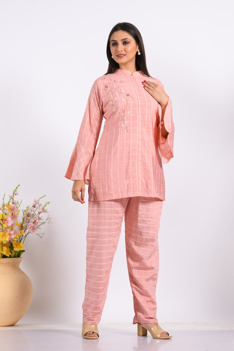 Morchari Co Ord Set With Hand Embroidery - Peach - Distacart