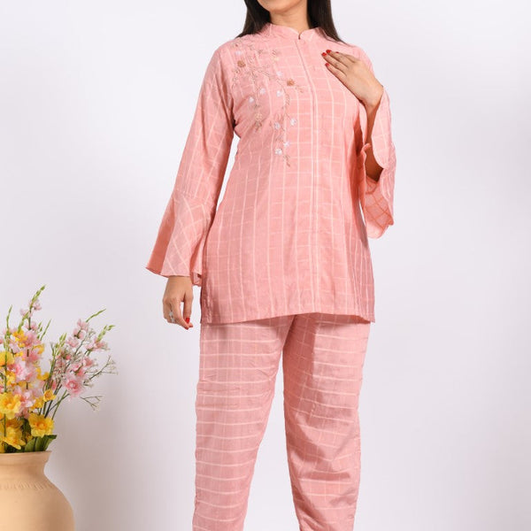 Morchari Co Ord Set With Hand Embroidery - Peach - Distacart