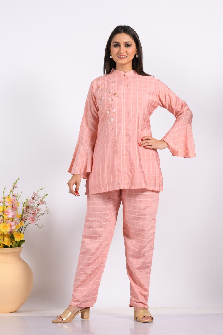 Morchari Co Ord Set With Hand Embroidery - Peach