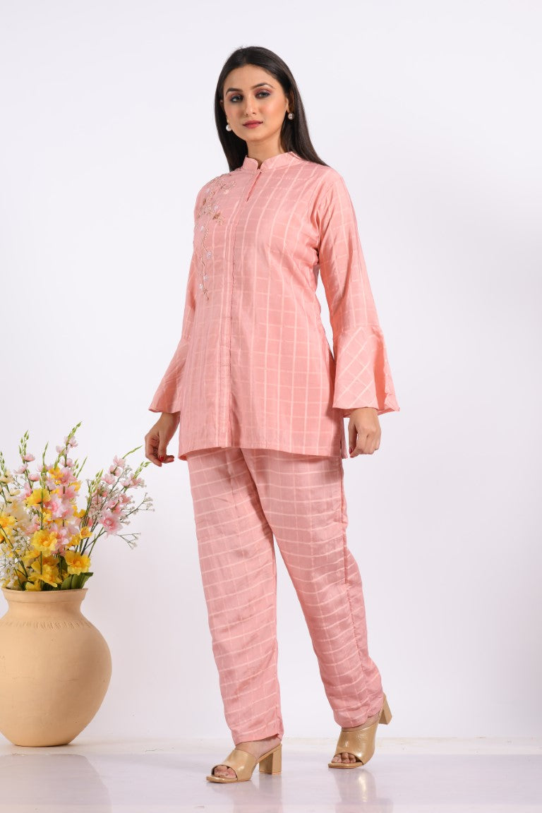 Morchari Co Ord Set With Hand Embroidery - Peach