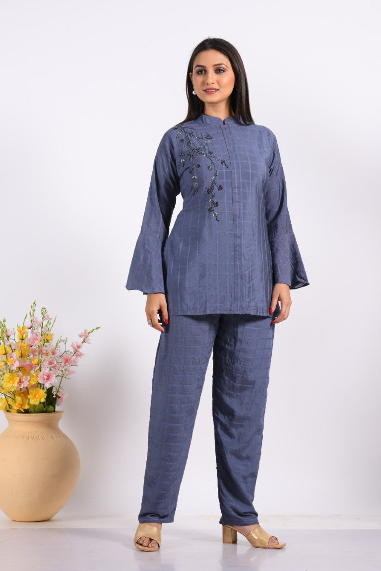 Morchari Co Ord Set With Hand Embroidery - Blue - Distacart